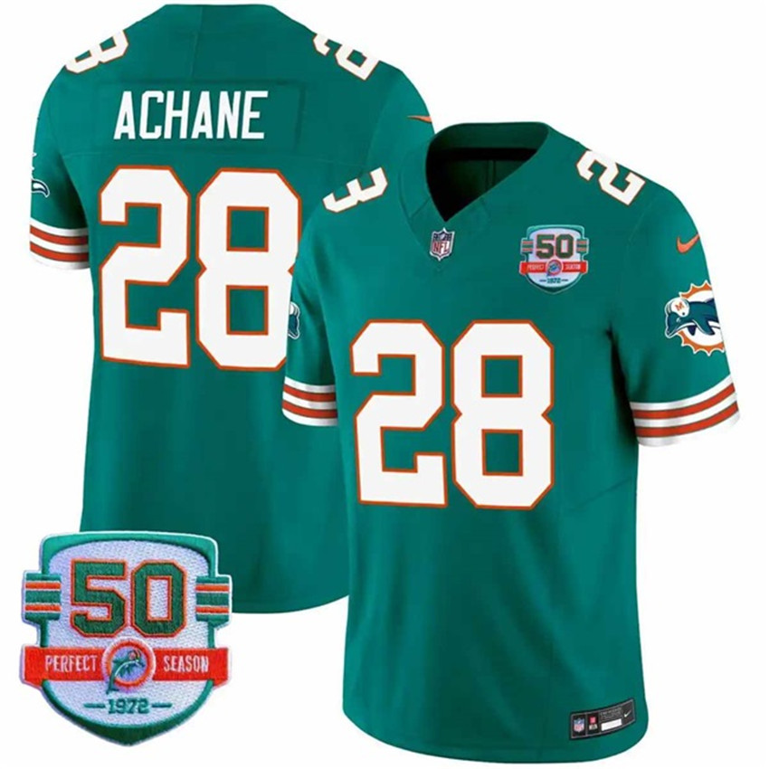 Men's Aqua Miami Dolphins #28 De'Von Achane F.U.S.E With 50th Perfect Season Patch Vapor Limited Stitched Football Jersey